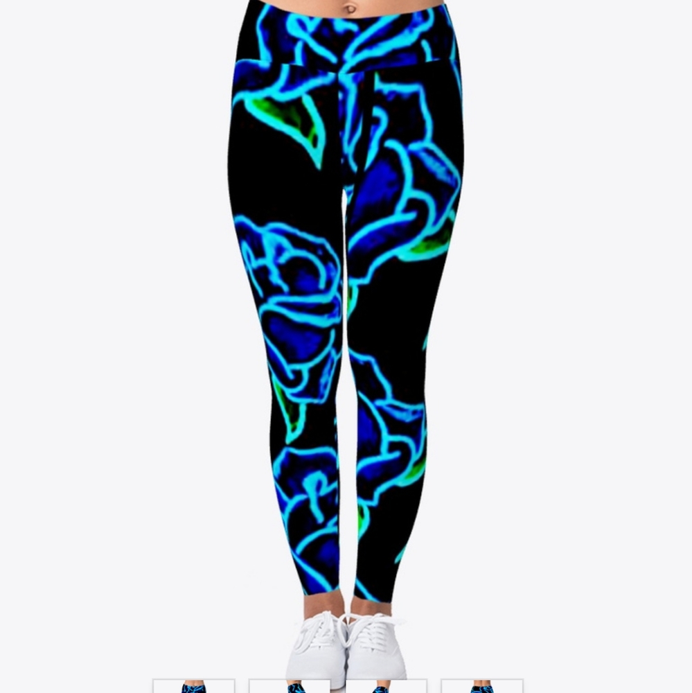 Black leggings with neon blue roses